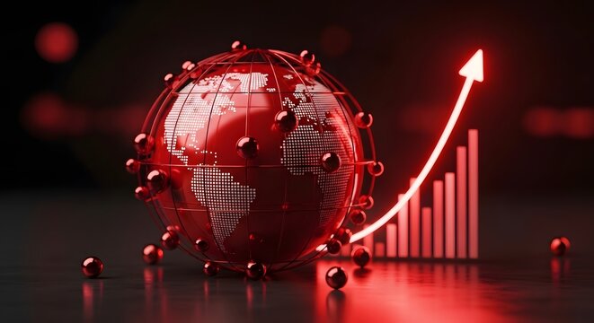 Red network globe surrounded by nodes and rising graph. International business expansion and global grid systems. Financial data connection maximizing worldwide trade networks
