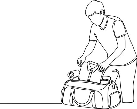 Man Packing Duffel Bag for Trip, Minimalist Line Art