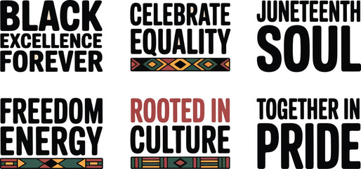 Obraz premium Graphic Set Featuring Bold Juneteenth Typography With African Pattern Elements On White Background.