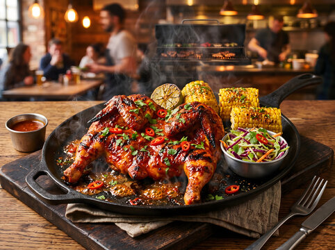 Flame Grilled Spatchcock Peri Peri Chicken with Corn and Coleslaw