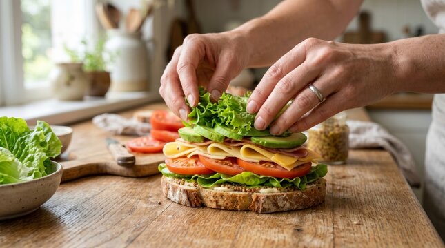 A close-up of a person's hands assembling a fresh sandwich with layers of lettuce, tomatoes, and cheese on rustic bread.
