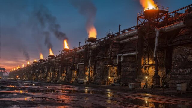 Evening view of a coke oven battery with vibrant flares illuminating the long ovens and offgas ducts highlighting industrial activity during twilight.