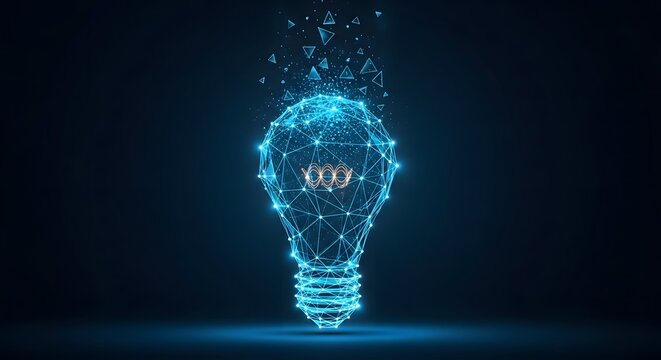 Glowing digital light bulb made of plex lines and dots. Brainstorming creative solution and innovation concept. Technical geometry symbol floating over dark background