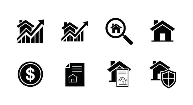 Real Estate Icons: Growth, Search, Investment, Security, and Contract