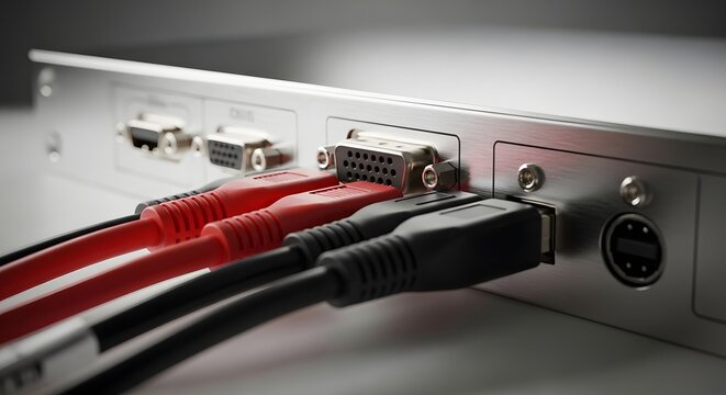 Multiple red and black analog video cables plugged into metal device. Legacy hardware interface and multi media transfer system. Thick wires connecting display signals on aluminum back panel