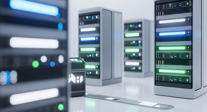 Clean modern computer mainframe server racks in empty room. Cloud database backup center and enterprise internet hosting service. White clean server cabinets operating data processes