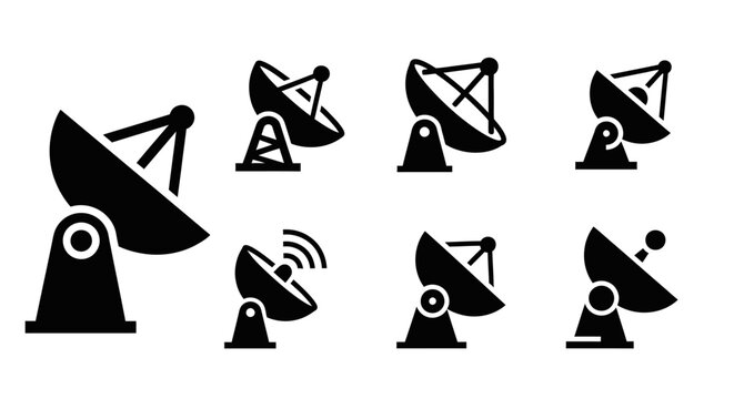 Satellite Dish Icons Set - Communication Technology Vector Graphics
