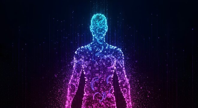 Digital human silhouette formed by glowing pixels and particles. Artificial intelligence and virtual reality avatar. Cybernetic hologram standing against a dark background of data streams