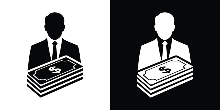 Investor holding cash money icon vector. Businessman avatar profile silhouette with stack of dollar banknotes. Wealth management, banking loan, finance investment, and profit profit concept.