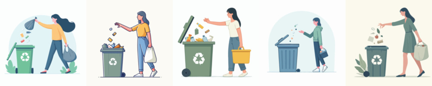 People throwing garbage in recycling bin vector illustration set. Female character sorting waste for eco friendly environment, sustainability, and zero waste concept lifestyle.