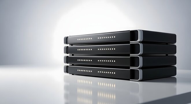 Minimal hardware server rack stack container module. Corporate database center system configuration. Dark metallic cloud memory storage units resting on clean reflective floor