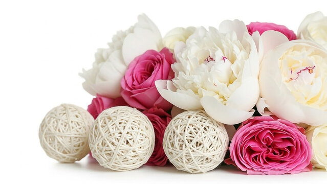 Spring Garden Arrangement of Peonies and Roses with Woven Balls