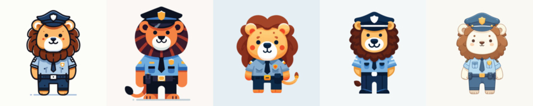 Cute police lion character set cartoon vector illustration. Cute animal cop mascot collection in uniform for children design, sticker, and education.