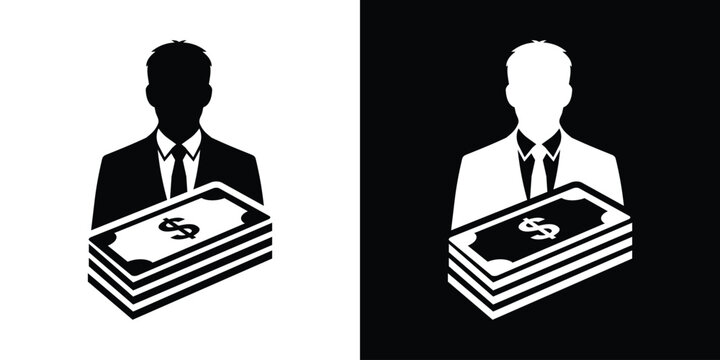 Investor holding cash money icon vector. Businessman avatar profile silhouette with stack of dollar banknotes. Wealth management, banking loan, finance investment, and profit profit concept.