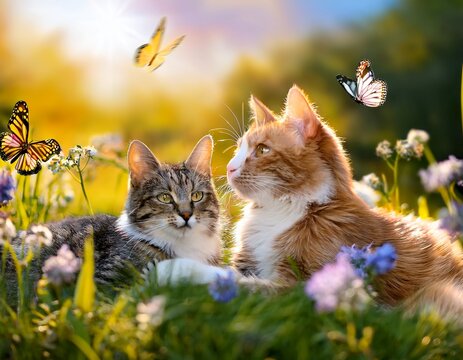 two cats are laying in a field of flowers with a butterfly flying nearby scene is peaceful and serene as the cats seem to be enjoying their time in the grass