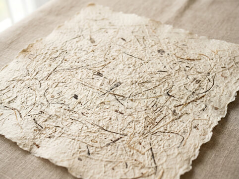 Handmade recycled paper with deckled edges, textured artisanal botanical parchment on linen fabric, rustic organic stationery for wedding invitations