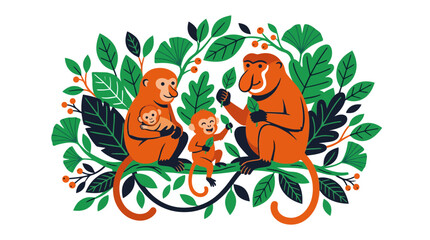 Happy monkey family sitting on tree branches with green leaves © selendang