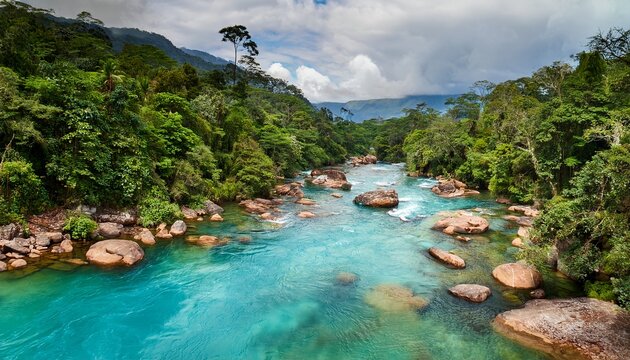 vibrant turquoise waters flow through lush green forests and rocky formations in the breathtaking cano cristales river a natural wonder in colombia s sierra de la macarena