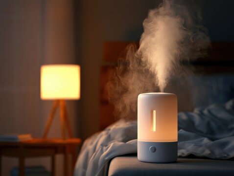 Aromatherapy diffuser with warm light emits mist in a cozy bedroom setting