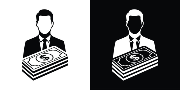 Investor holding cash money icon vector. Businessman avatar profile silhouette with stack of dollar banknotes. Wealth management, banking loan, finance investment, and profit profit concept.
