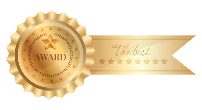 Premium vector illustration of a shiny golden award medal with a horizontal ribbon. Features a stylized rosette edge, 3D star icon, laurel wreath, and "AWARD" text