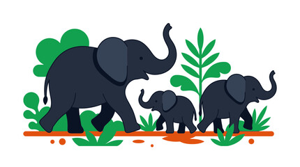 Elephant Family Walking in Nature, Cute Cartoon Style Illustration © selendang