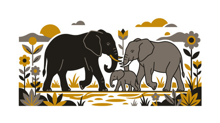 Elephant Family Walking in Nature - Stylized Illustration © selendang