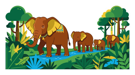 Elephant Family Walking Through Lush Green Jungle River © selendang