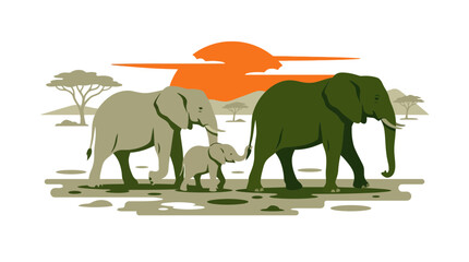 Family of Elephants Walking in African Savanna at Sunset - Vector Art © selendang