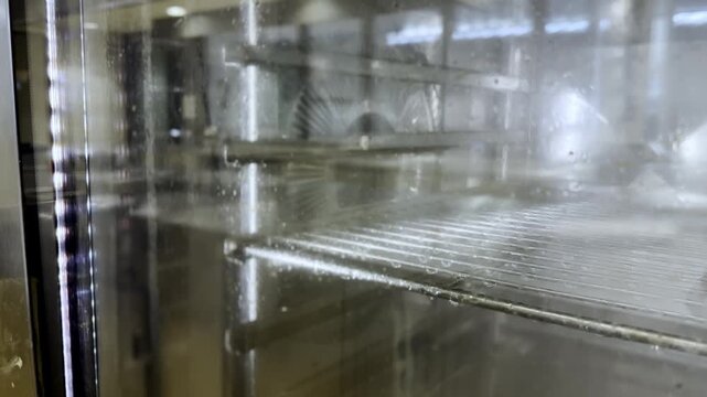 Close-up macro view of a modern commercial combi steamer oven interior during an automated self-cleaning wash cycle with high-pressure water jets rinsing the stainless steel racks in a restaurant kitc
