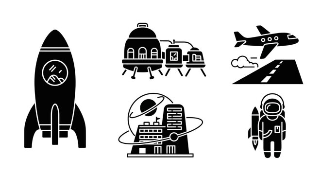 Space Exploration Icons: Rocket, Astronaut, Spaceship, Airplane, Space Station