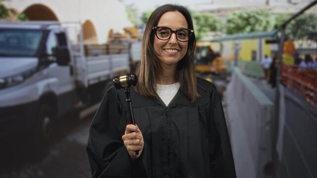 Hispanic young woman judge holding gavel, finger to lips for silence in street; authoritative silence justice.