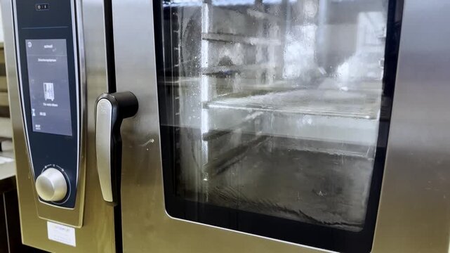 Exterior perspective of a high-tech industrial catering combi oven featuring a digital control panel and stainless steel handle while the automated internal washing and sanitizing cycle operates behin