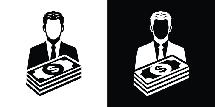 Investor holding cash money icon vector. Businessman avatar profile silhouette with stack of dollar banknotes. Wealth management, banking loan, finance investment, and profit profit concept.