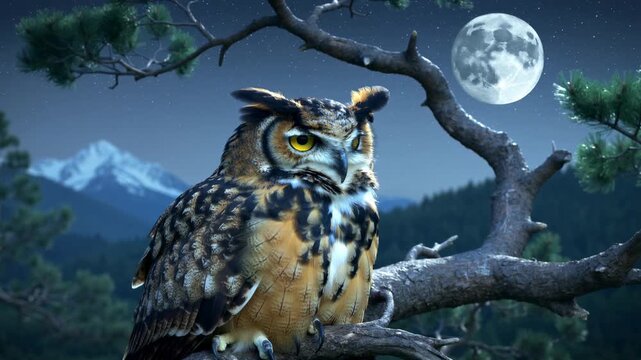 Great horned owl perched on a tree branch at night under a full moon