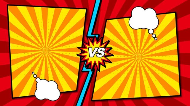 Comic book style versus background with two sunburst panels, a lightning bolt, and speech bubbles for a comparison or battle concept.