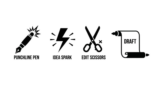 Writing and Editing Icons: Pen, Idea Spark, Scissors, Draft Scroll