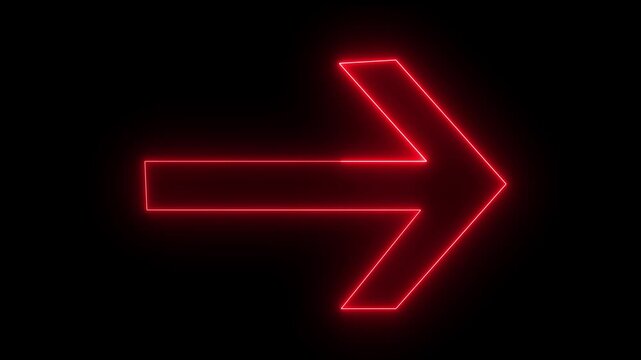 Red color neon arrow pointer pointing left with glowing effect on black background motion animation 4k video...