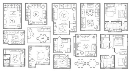 Obraz premium Variety of contemporary living room and dining area furniture configurations