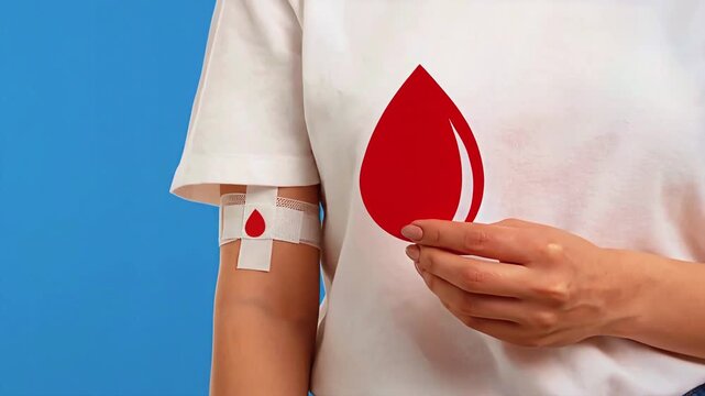Person donating blood with bandaged arm.