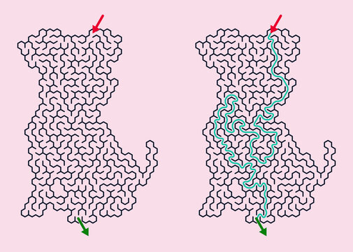Maze design in Dog shape with pathways and arrows on pink background  