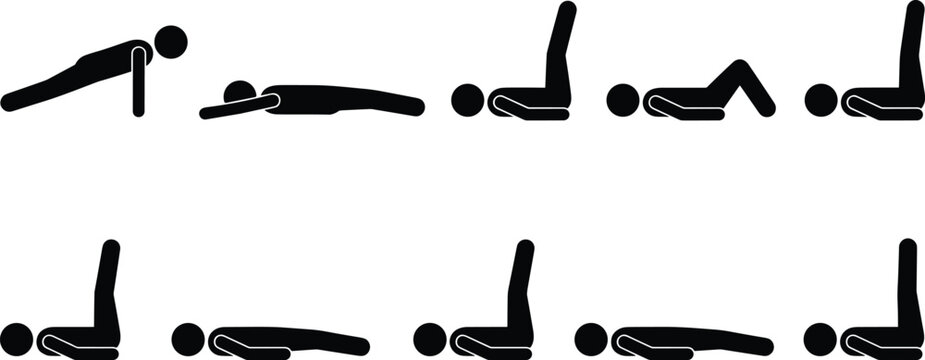 Exercise and Fitness Stick Figure Icons Showing Push Up Crunch and Leg Raise Workout Positions