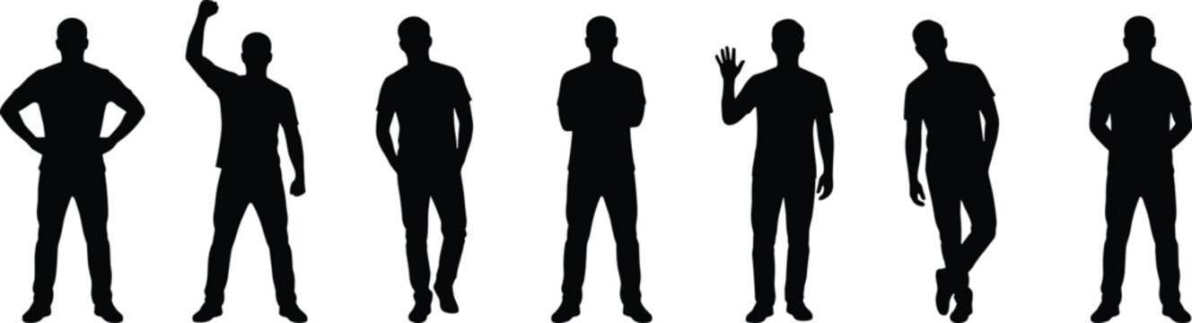 Male Silhouette Collection with Standing Waving and Confident Poses Isolated on White Background