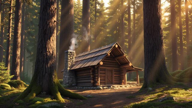 Cozy wooden log cabin in a sunny forest with smoking chimney. Seamless looping 4k video background