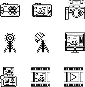 Black and white set of camera, projector, and equipment vintage
