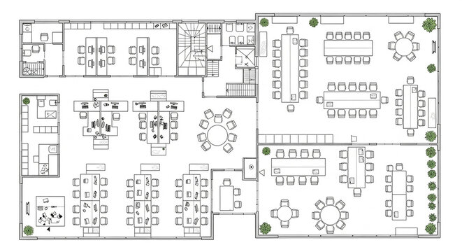 Detailed office layout floor plan with workstations and meeting areas