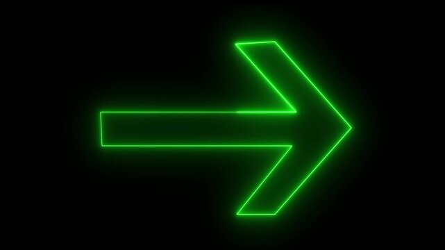 Green color neon arrow pointer pointing left with glowing effect on black background motion animation 4k video...