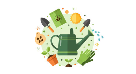 Obraz premium Flat Vector Gardening Icons and Tools Illustration for Horticulture and Plant Care Design