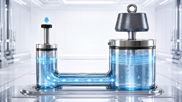 Pascal's Law Hydraulic Pressure System &ndash; Futuristic Scientific Physics Illustration on White Background