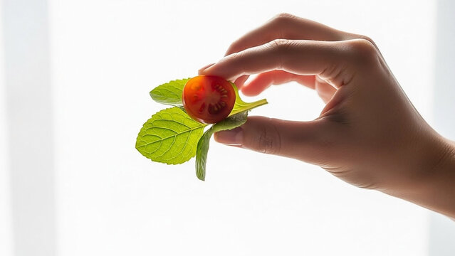 Hand Holding Cherry Tomato and Mint Leaves Against Bright Background